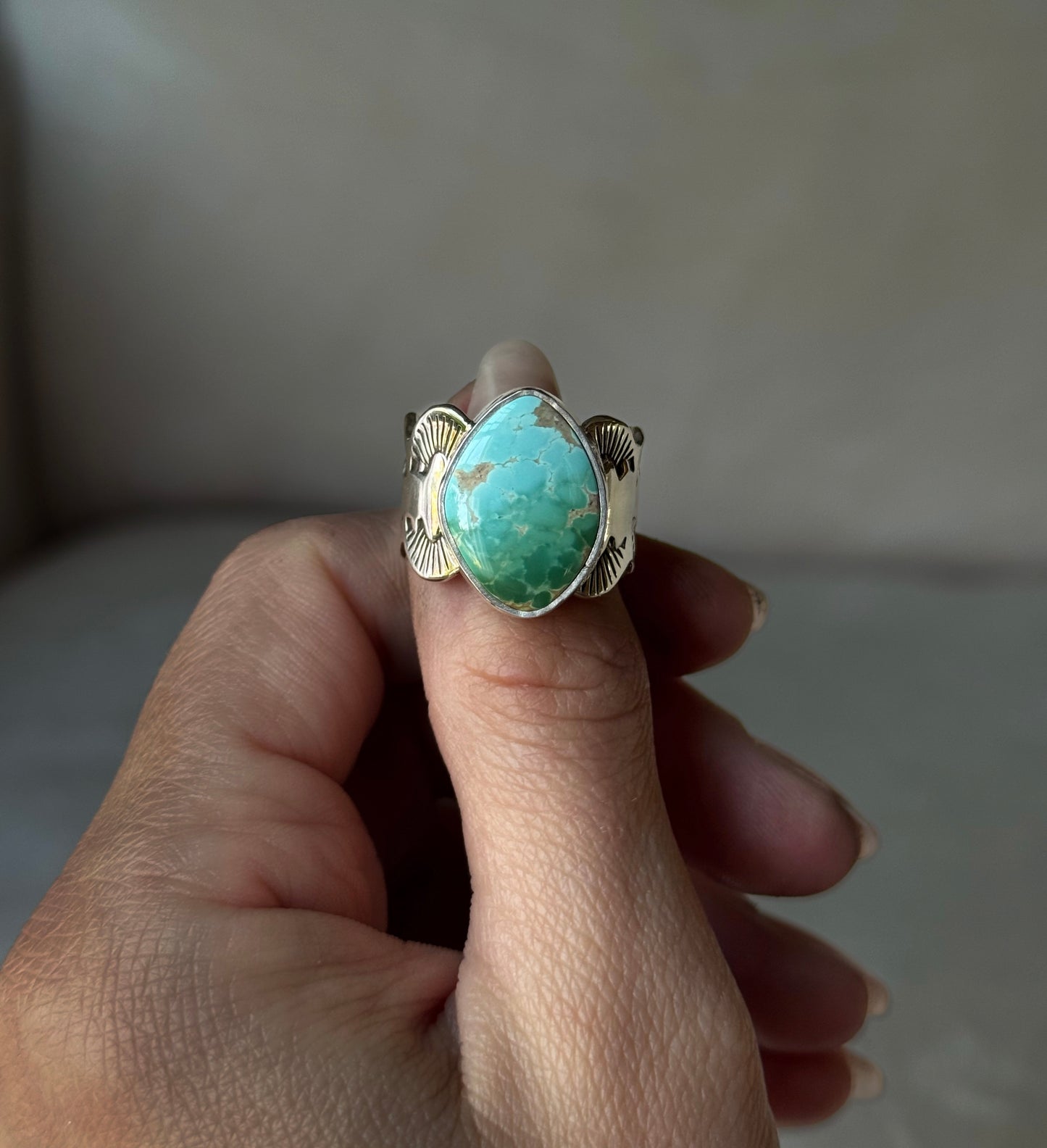 High Grade Royston Turquoise Wide Band Ring - size 9.25