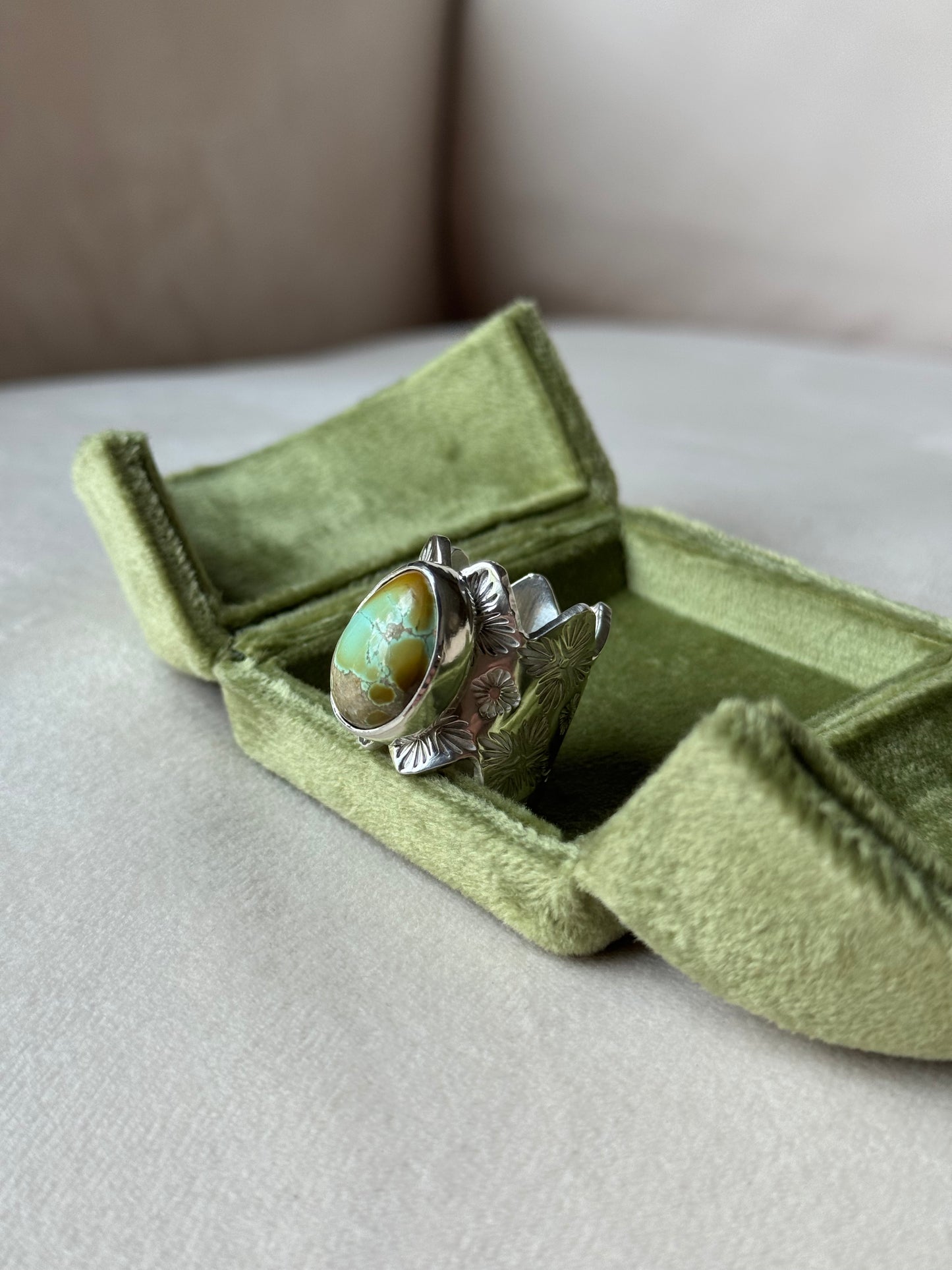 Natural Pilot Mountain Turquoise Wide Band Ring - size 7