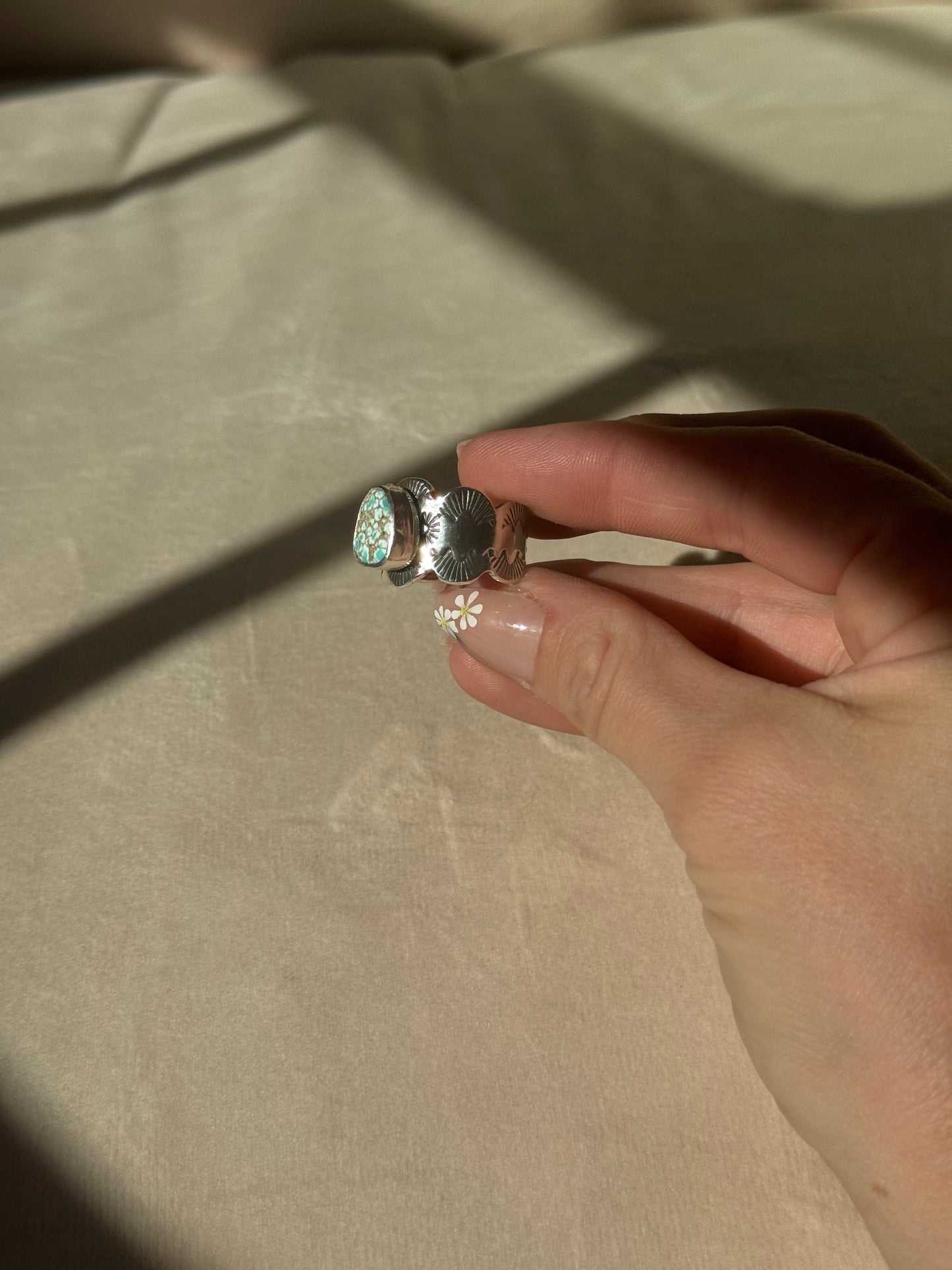 Lone Mountain Turquoise Scalloped Wide Band Ring - size 8.5