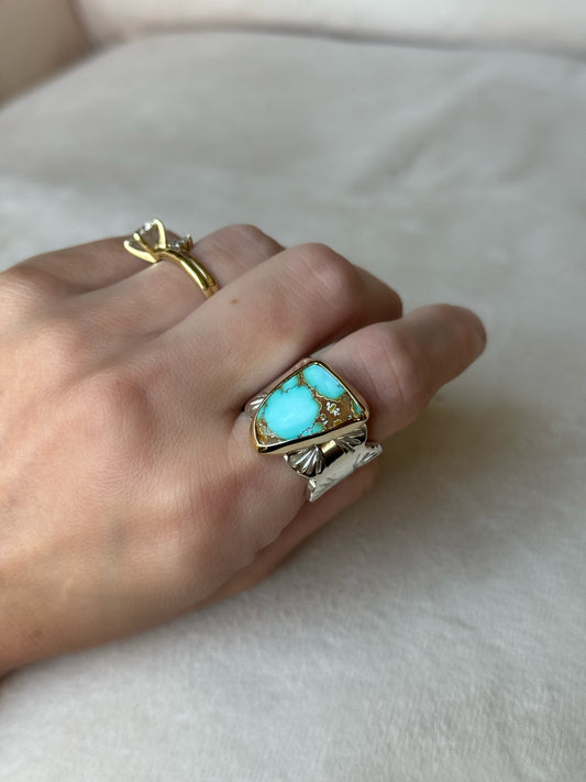Rare Thunderbird Turquoise Gold/Silver Ring - size 8.5