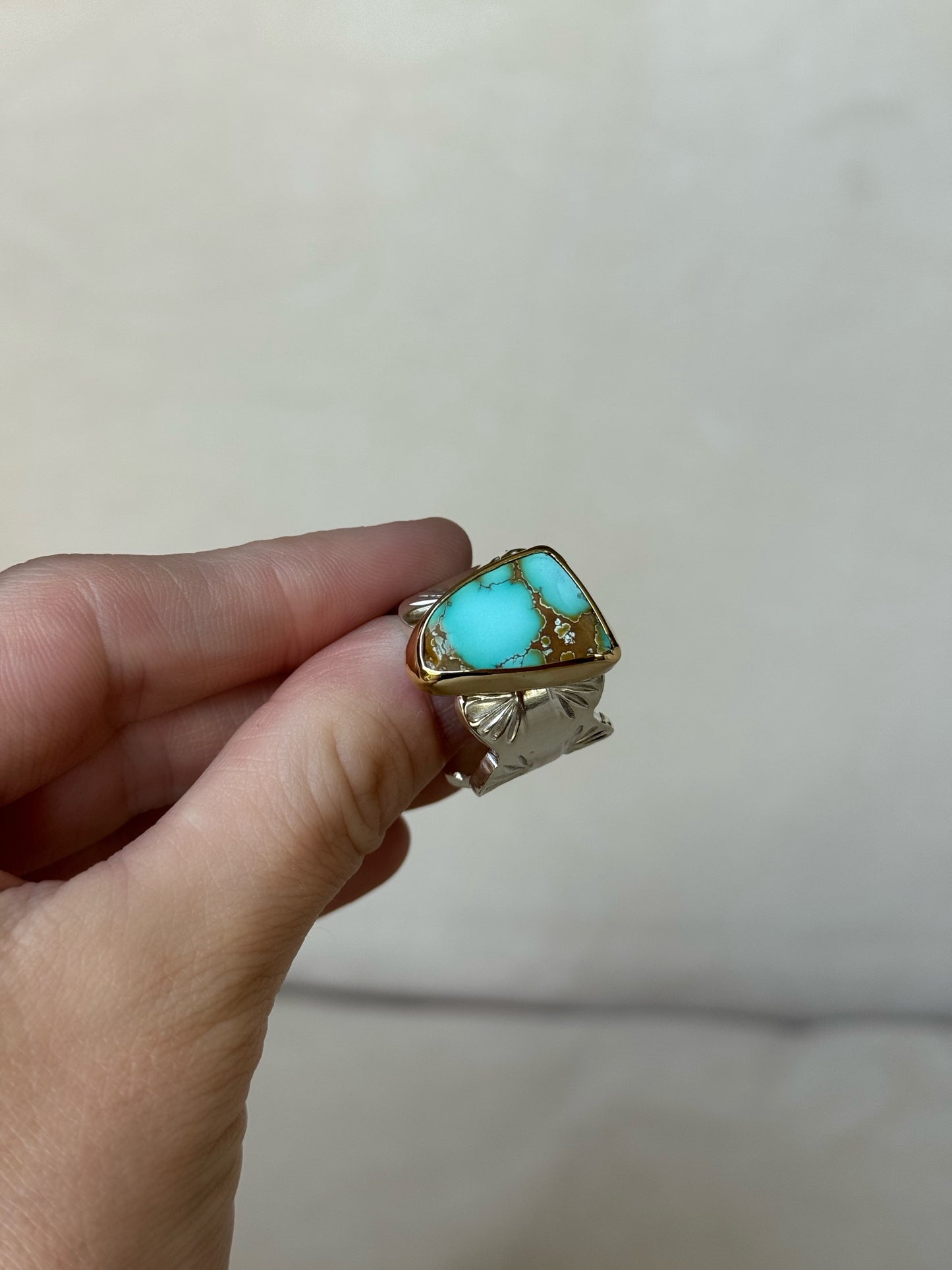 Rare Thunderbird Turquoise Gold/Silver Ring - size 8.5
