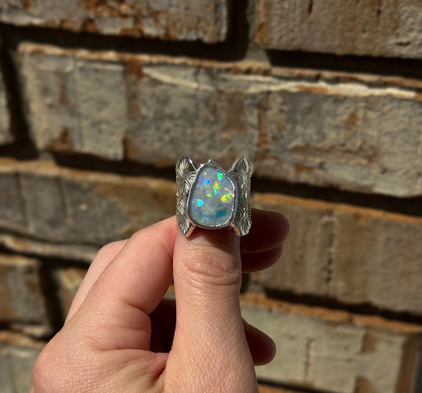 Rare Australian Lightning Ridge Dark Opal Wide Band Ring - size 7.5