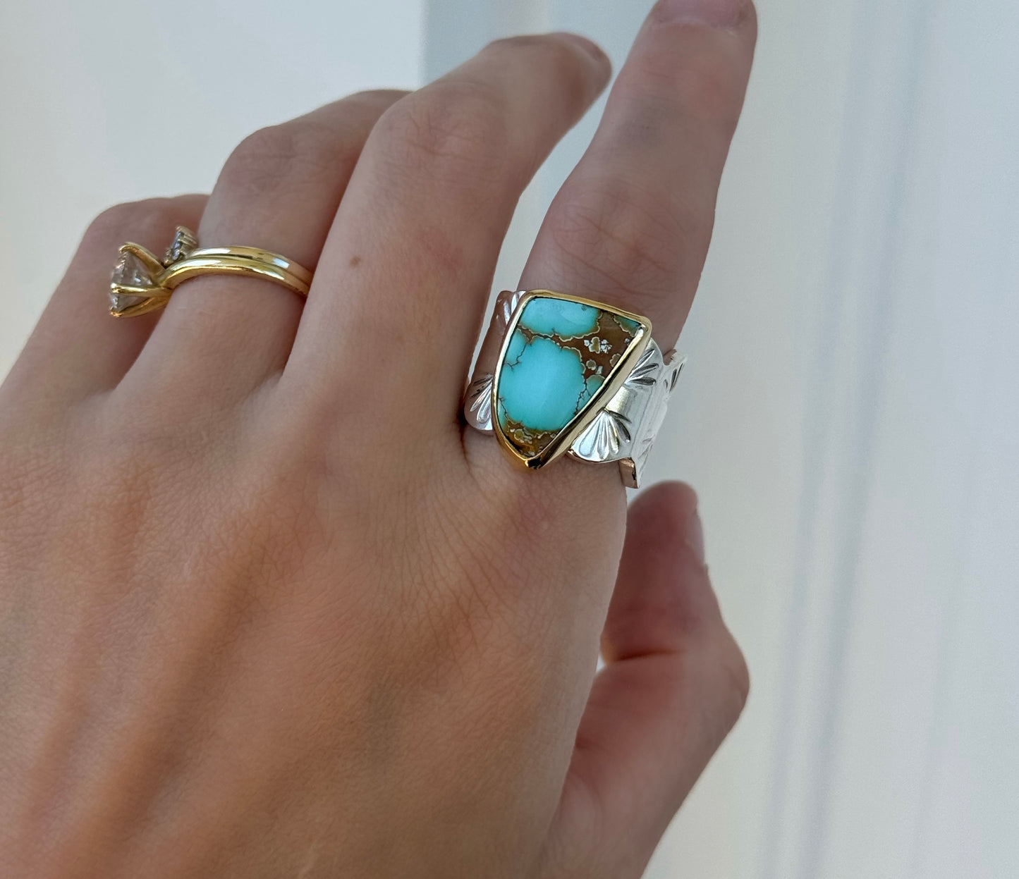 Rare Thunderbird Turquoise Gold/Silver Ring - size 8.5