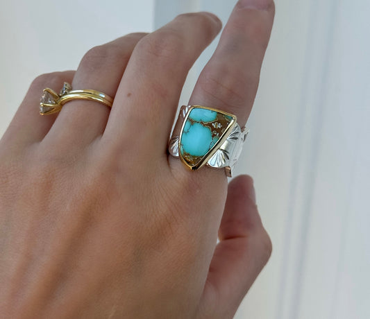 Rare Thunderbird Turquoise Gold/Silver Ring - size 8.5