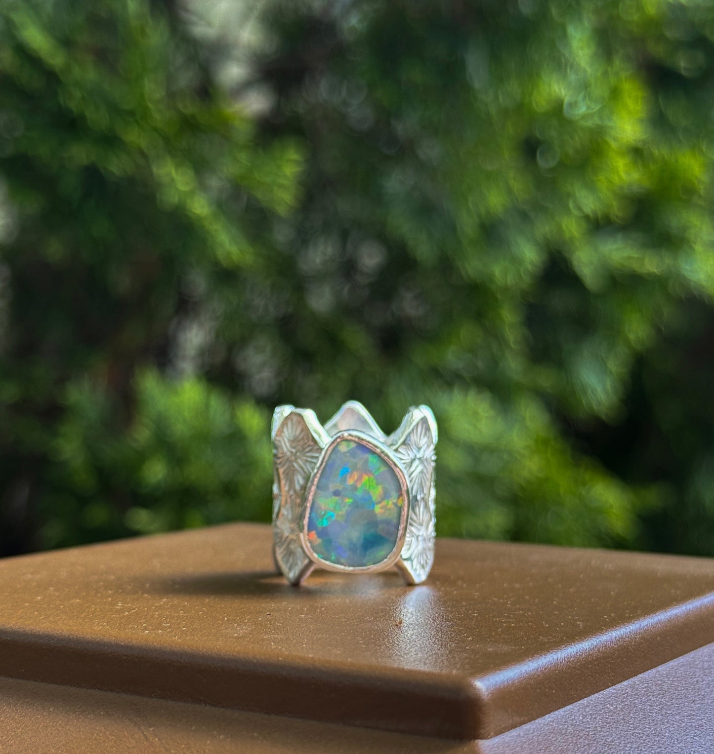 Rare Australian Lightning Ridge Dark Opal Wide Band Ring - size 7.5