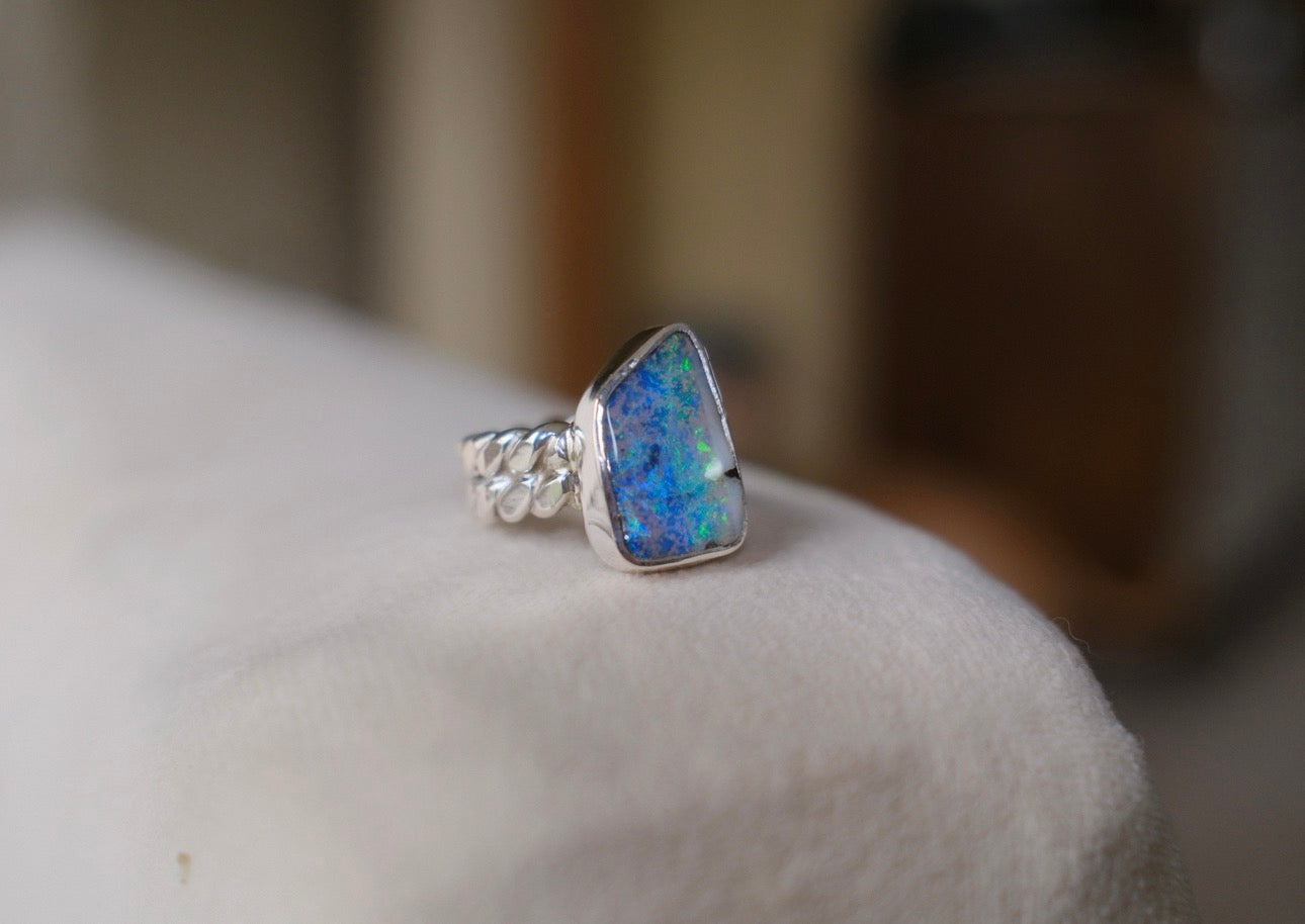 Solid Australian Boulder Opal Heavy Twist Ring - Size 6.75