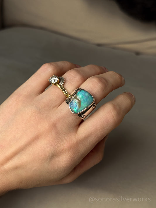 Natural Solid Australian Opal Wide Band Ring - Size 8.75