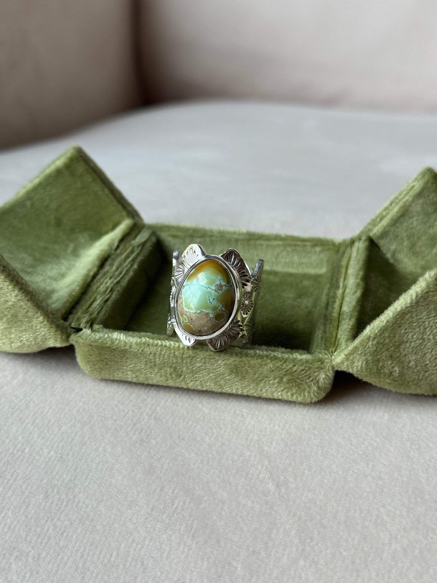 Natural Pilot Mountain Turquoise Wide Band Ring - size 7