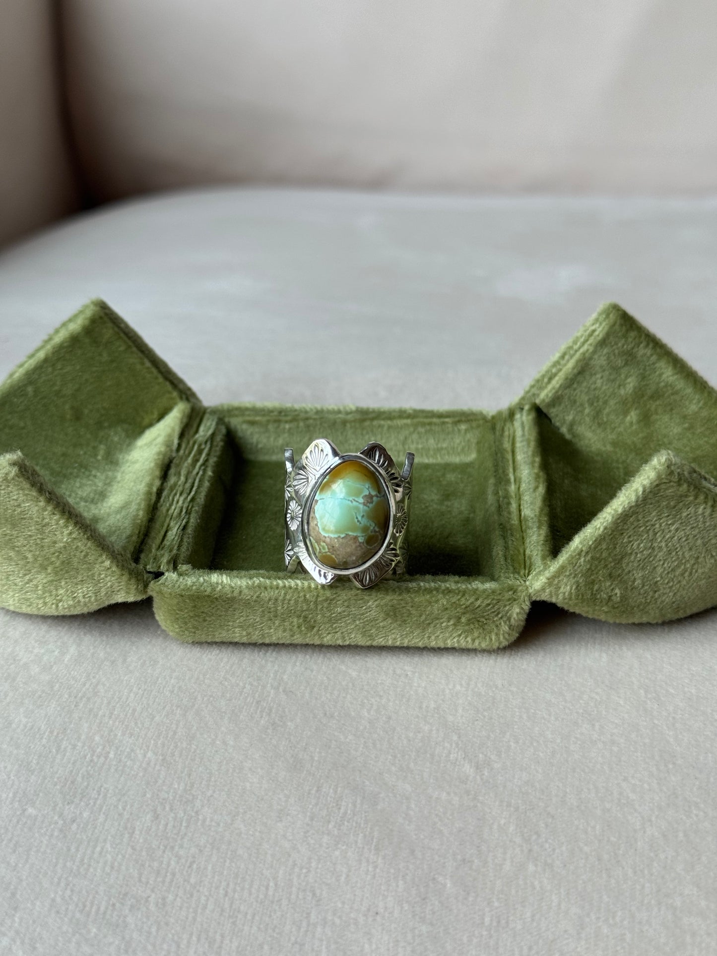 Natural Pilot Mountain Turquoise Wide Band Ring - size 7