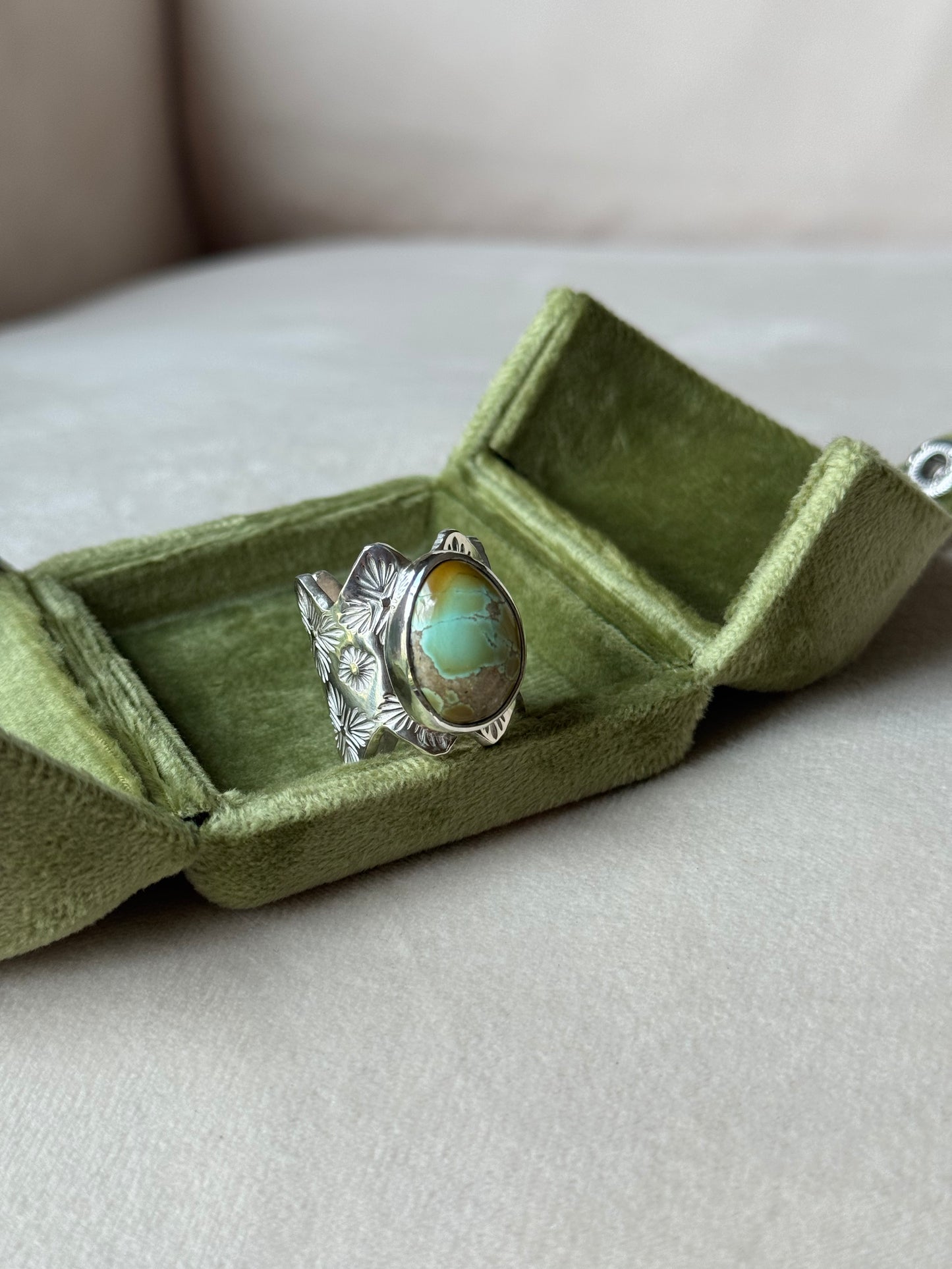 Natural Pilot Mountain Turquoise Wide Band Ring - size 7