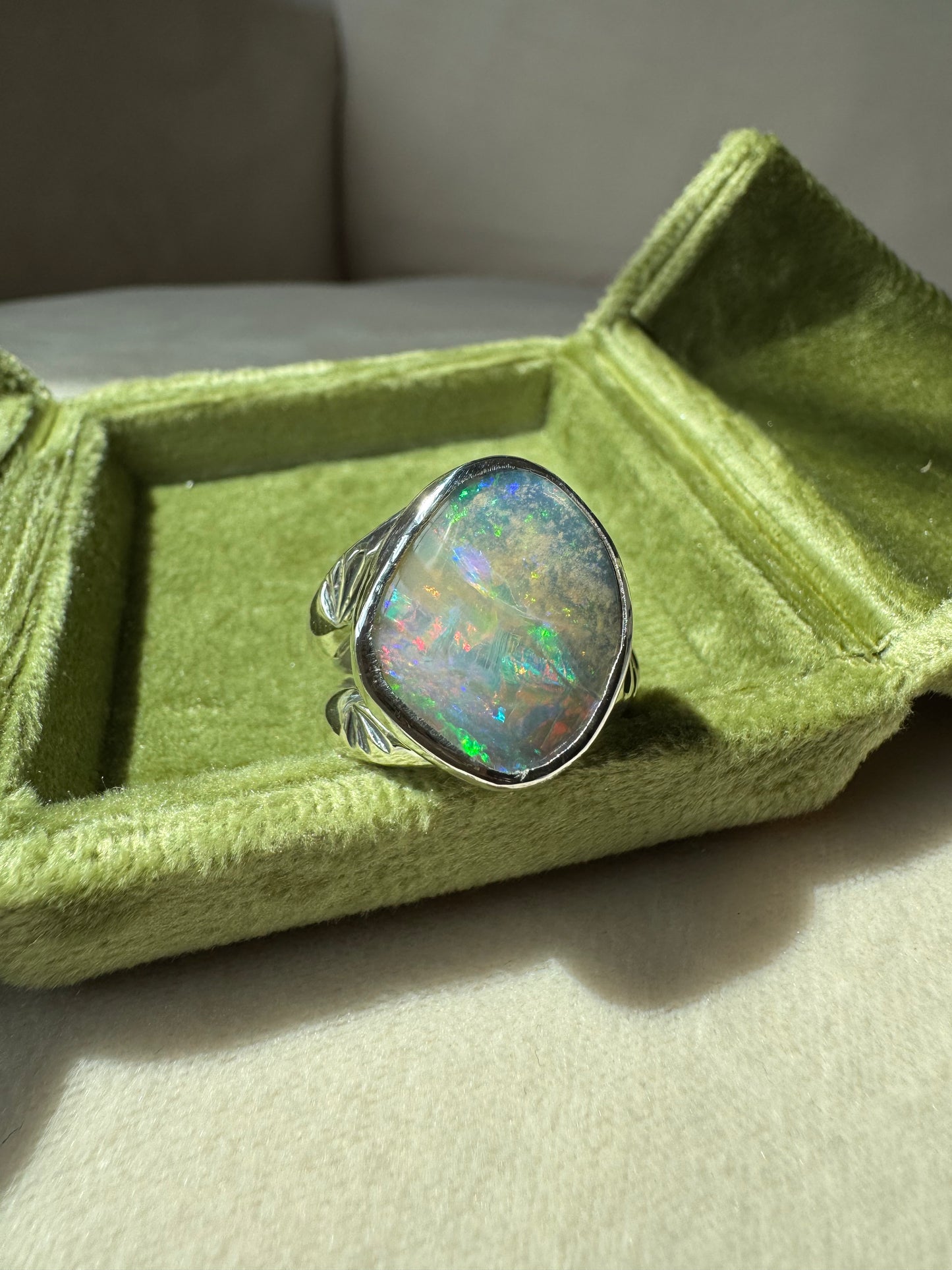 Holographic Australian Boulder Opal Ring - size 6.5