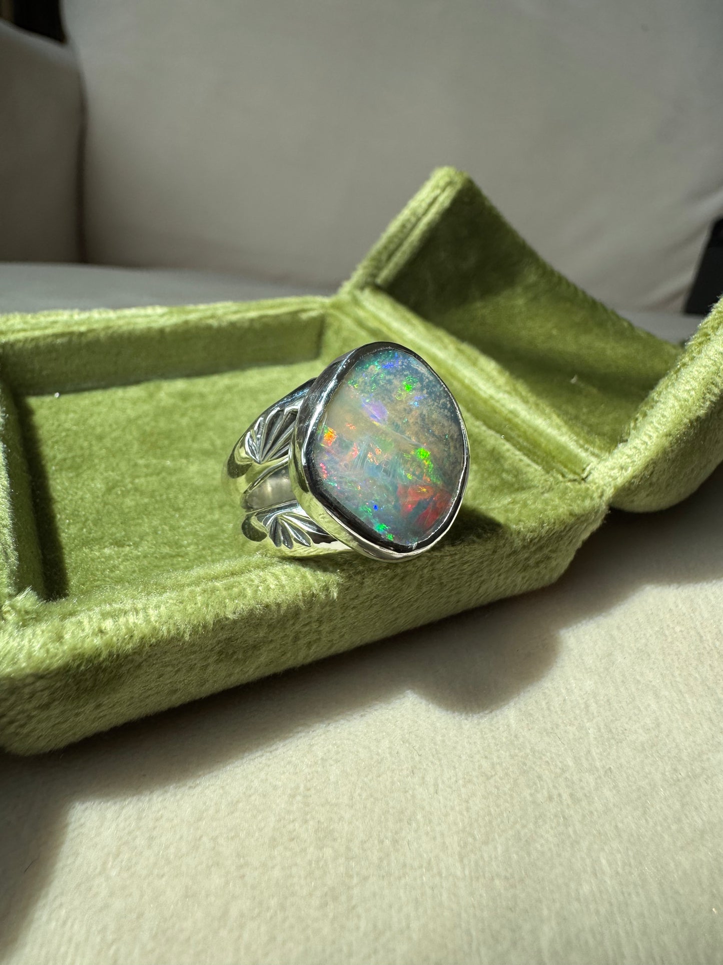 Holographic Australian Boulder Opal Ring - size 6.5