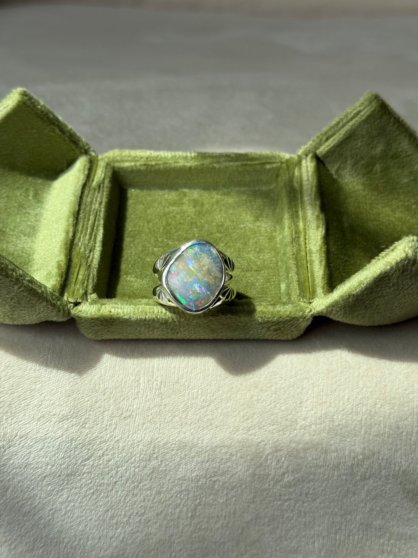 Holographic Australian Boulder Opal Ring - size 6.5