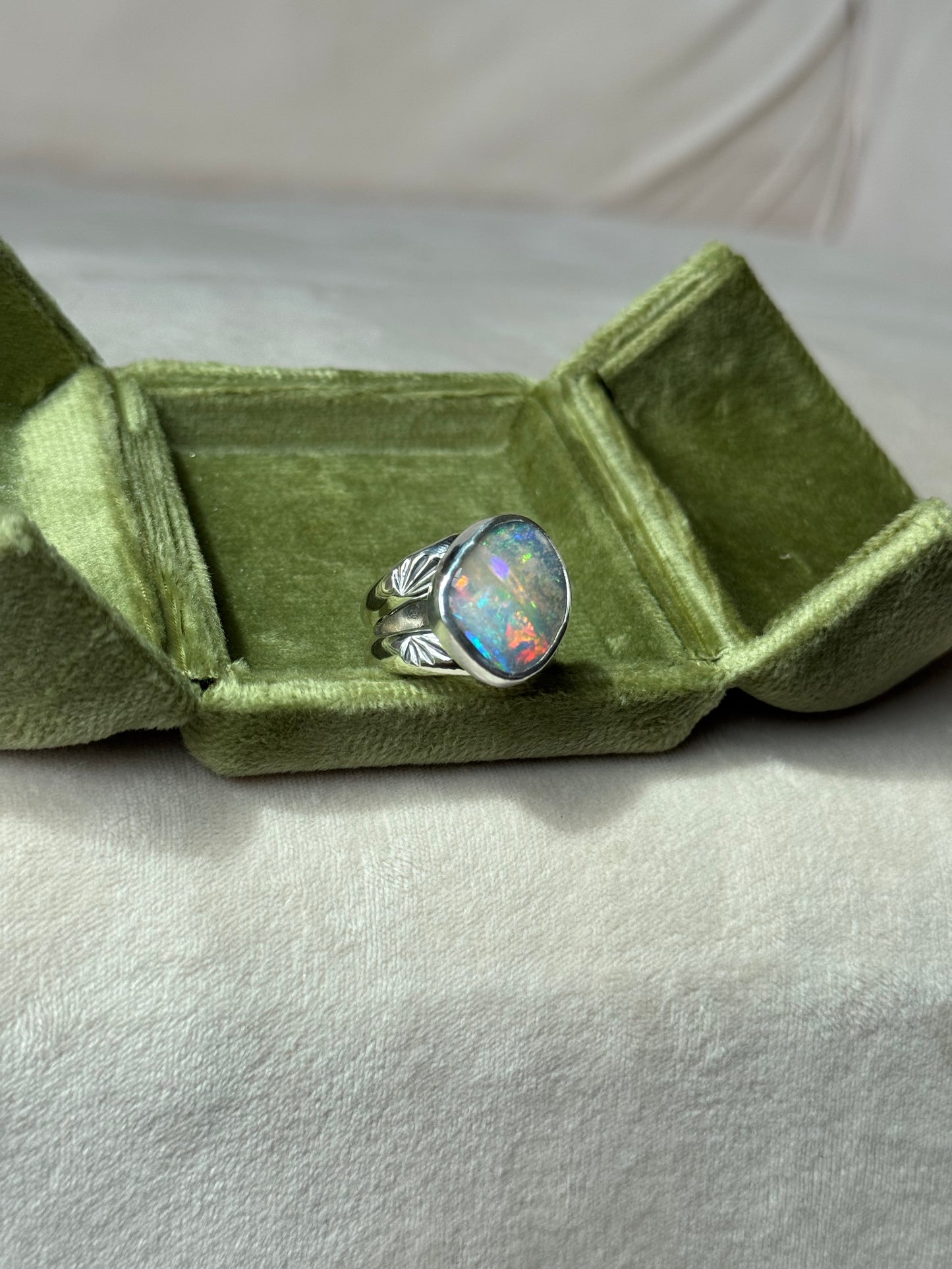 Holographic Australian Boulder Opal Ring - size 6.5