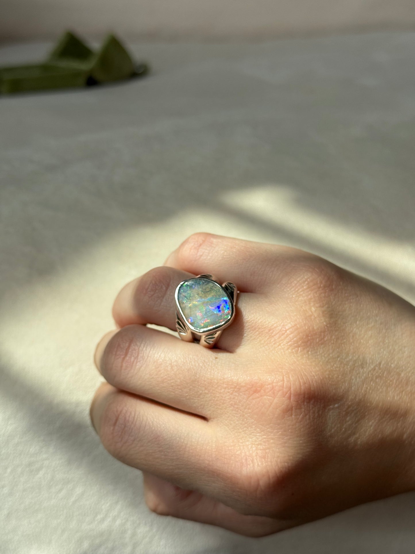 Holographic Australian Boulder Opal Ring - size 6.5