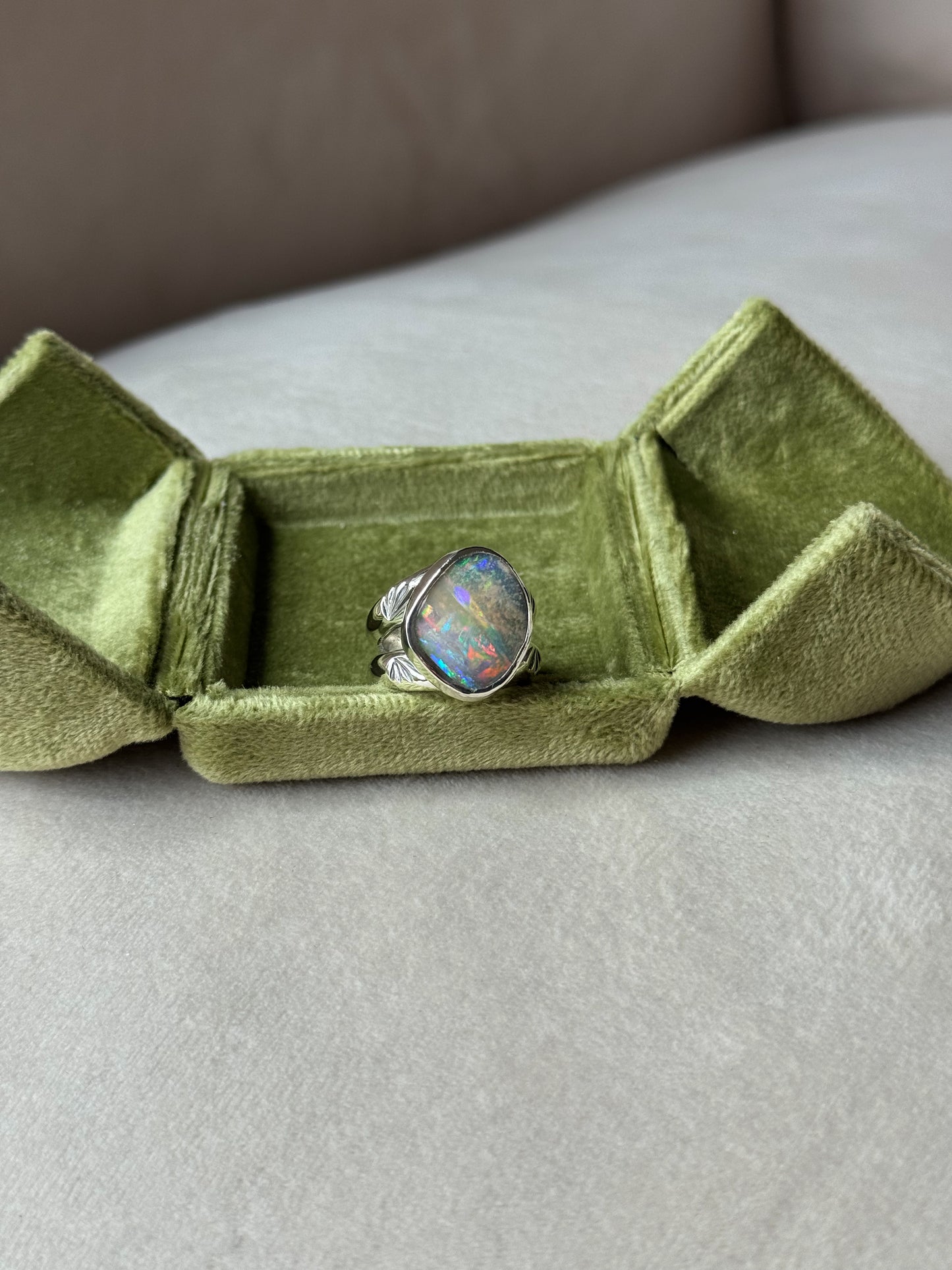 Holographic Australian Boulder Opal Ring - size 6.5