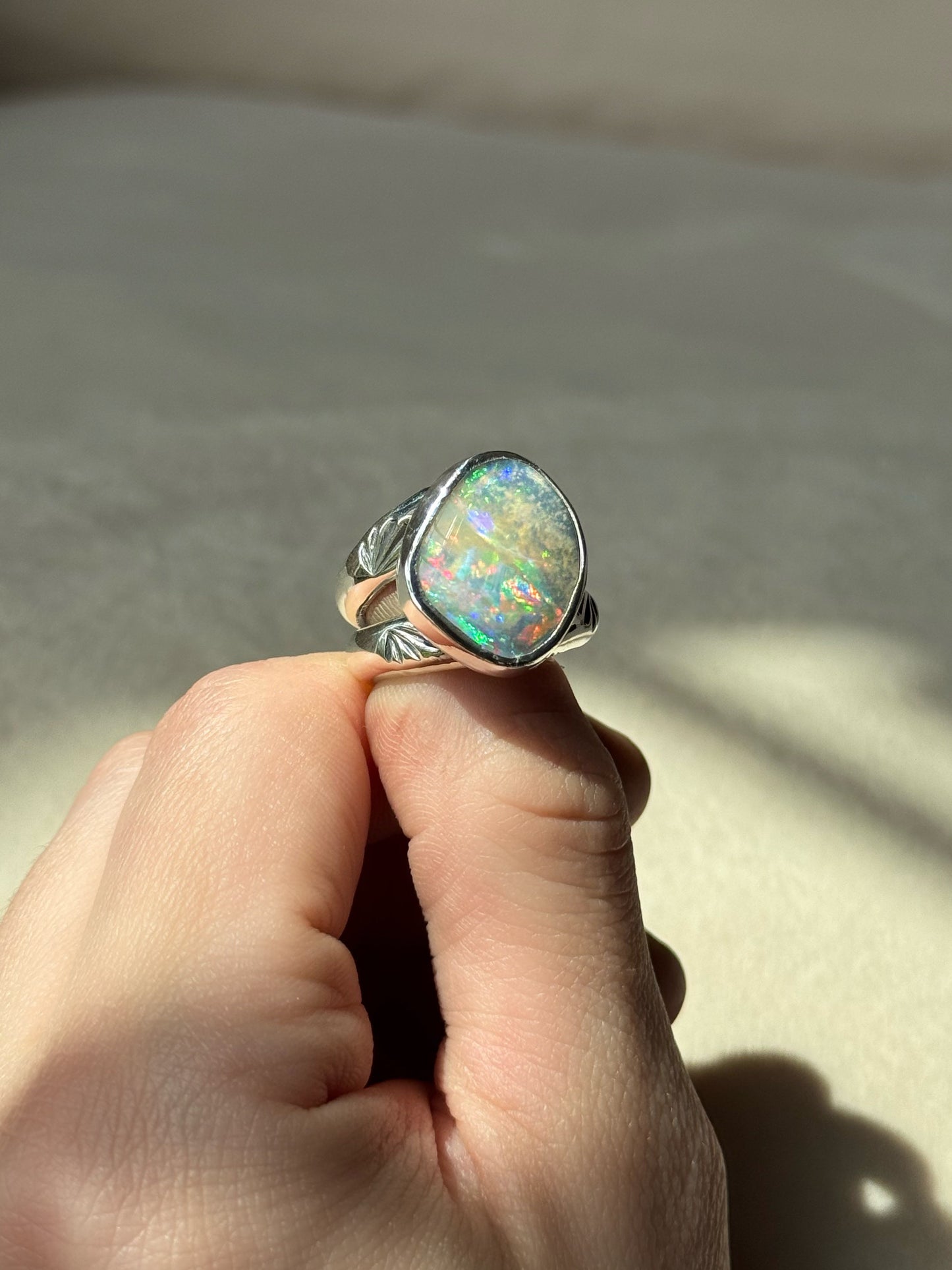 Holographic Australian Boulder Opal Ring - size 6.5