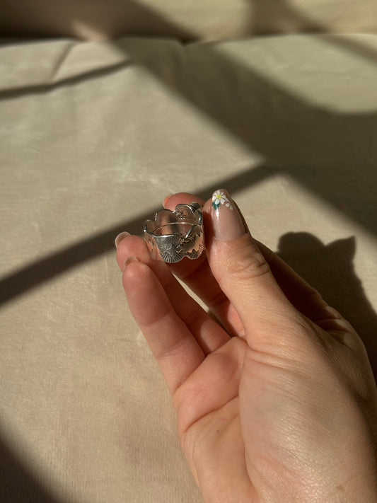 Lone Mountain Turquoise Scalloped Wide Band Ring - size 8.5