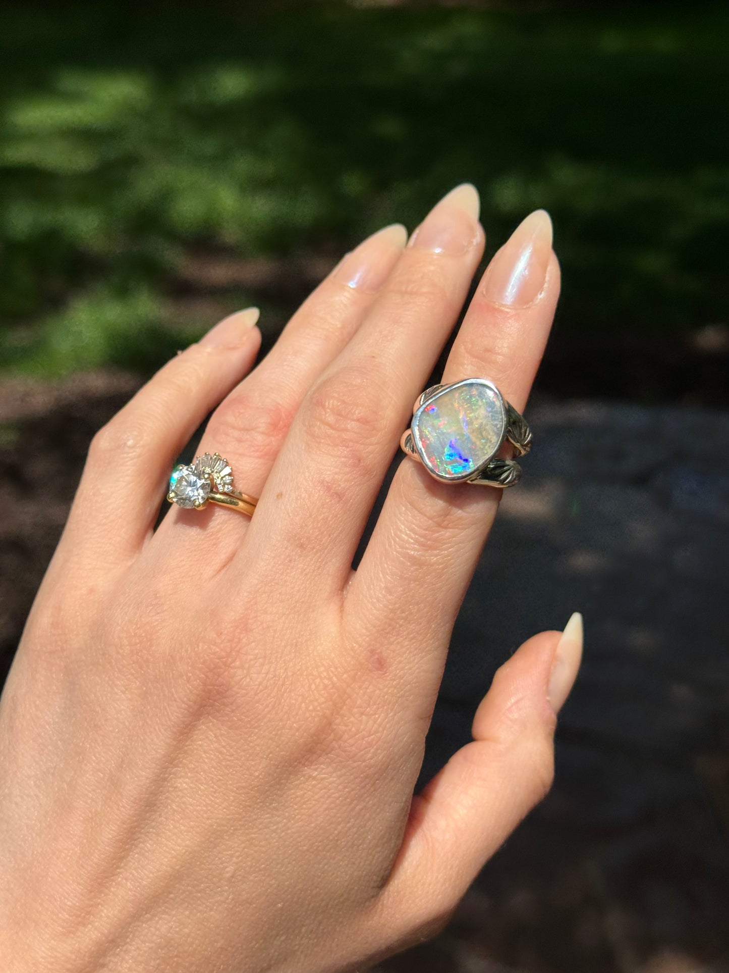 Holographic Australian Boulder Opal Ring - size 6.5