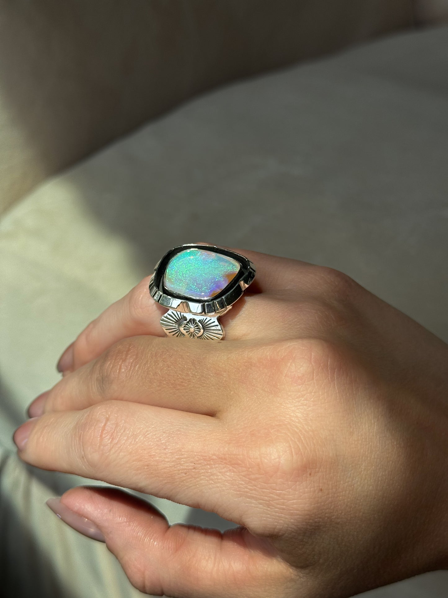 14 ct solid Australian Pipe Opal Wide Band Ring - size 6.5