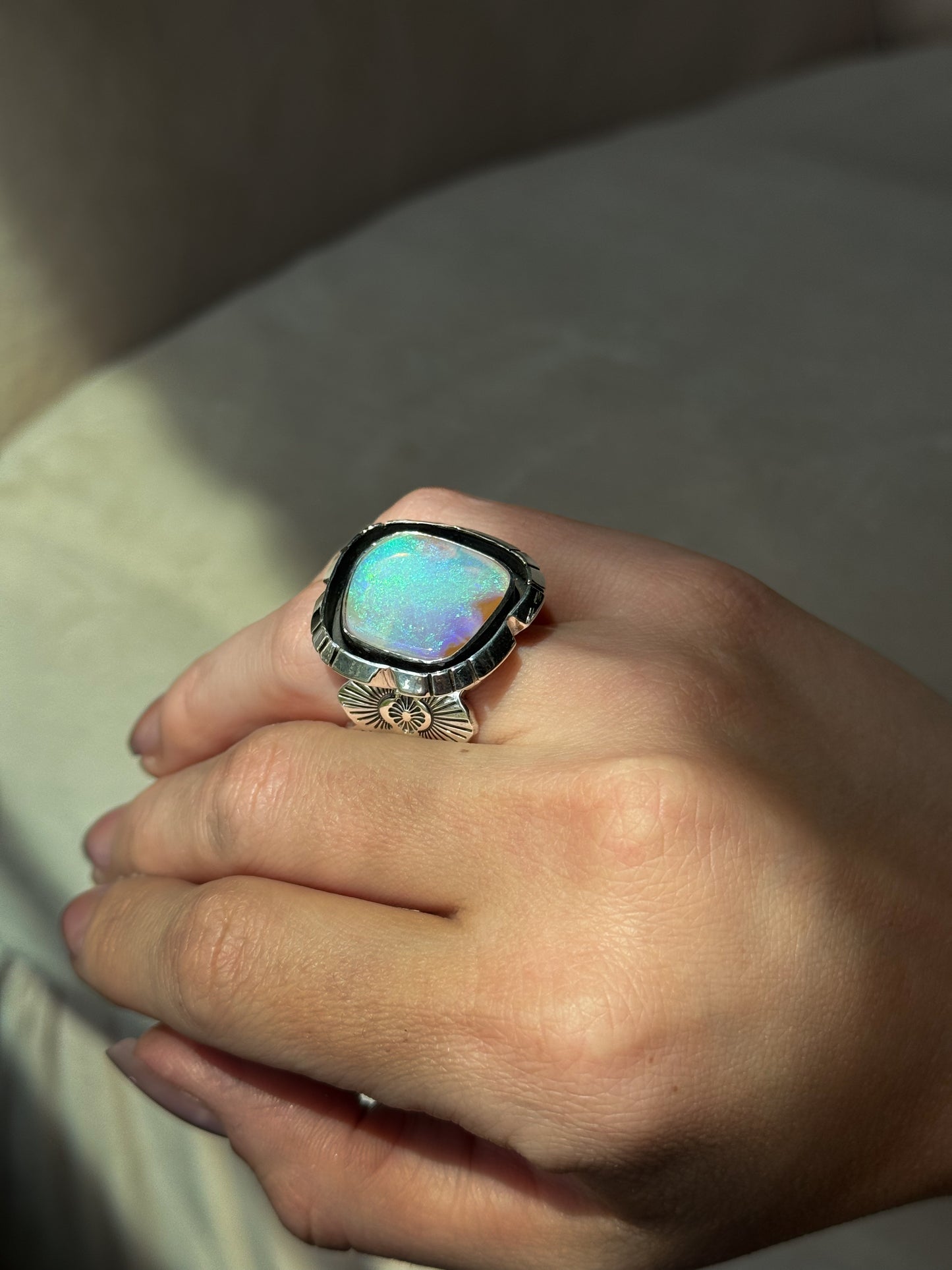 14 ct solid Australian Pipe Opal Wide Band Ring - size 6.5
