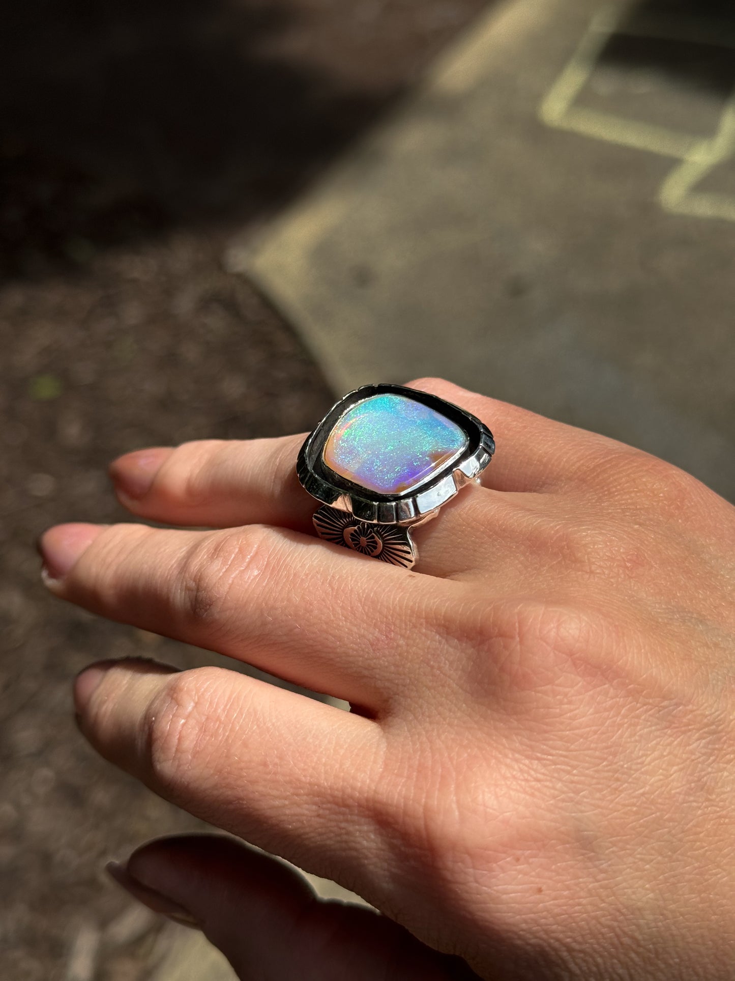 14 ct solid Australian Pipe Opal Wide Band Ring - size 6.5