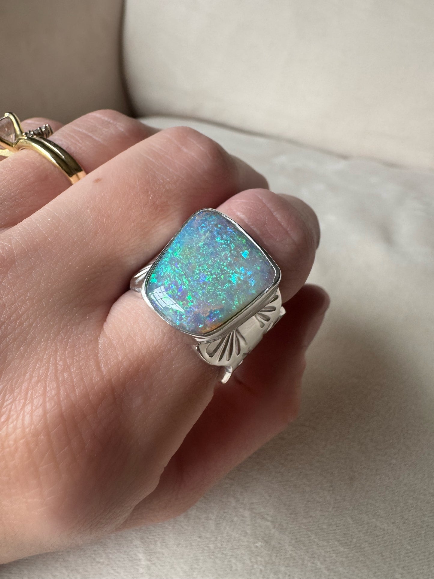 9.6 ct Australian Pipe Opal Wide Band Ring - size 7.75